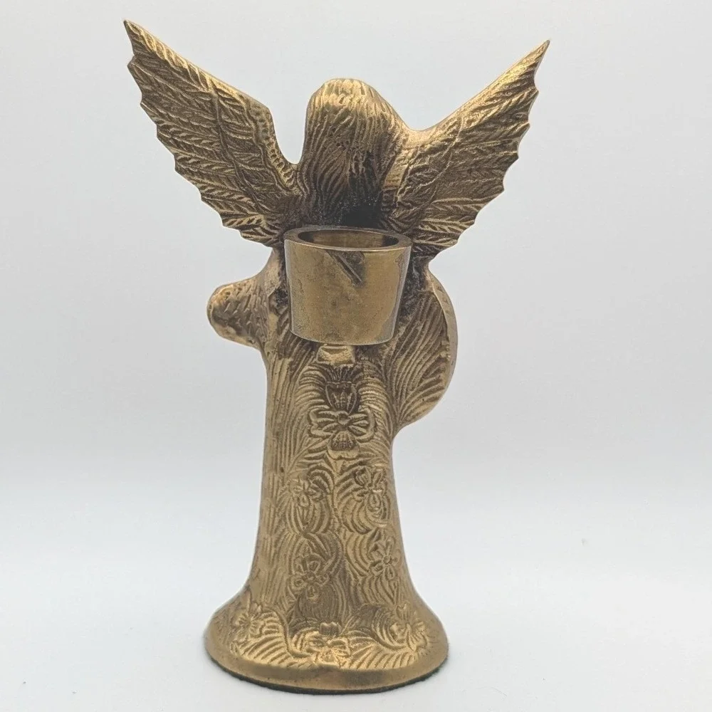 Angel Candlestick Holder 6 Inch Tall Gold Tone Weighted Brass Figurine VTG MCM